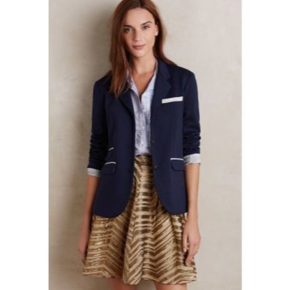 Cartonnier Size 2 Navy Single Breasted Knit Blazer Contrast Trim Stretch Preppy